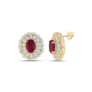 14kt Yellow Gold Womens Oval Ruby Diamond Fashion Earrings 5-3/8 Cttw
