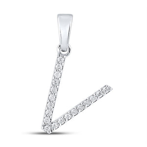 10kt White Gold Womens Round Diamond V Initial Letter Pendant 1/8 Cttw