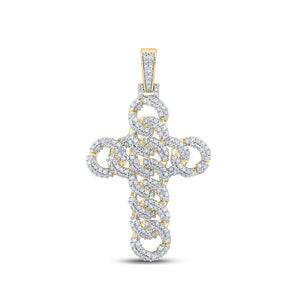 10kt Yellow Gold Mens Round Diamond Cuban Link Cross Charm Pendant 1-7/8 Cttw