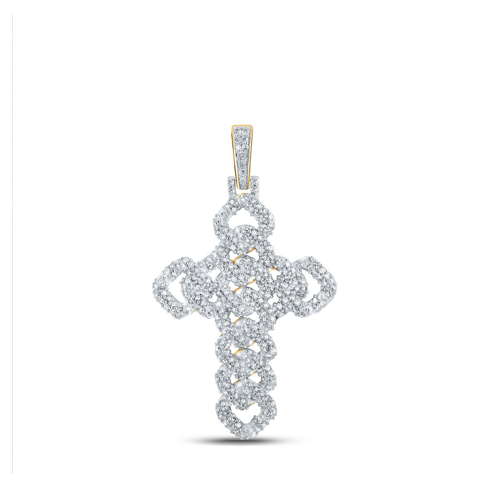 10kt Yellow Gold Mens Round Diamond Cuban Link Cross Charm Pendant 1-3/4 Cttw