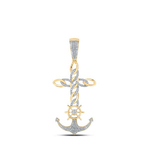 10kt Yellow Gold Mens Round Diamond Anchor Cross Charm Pendant 3/8 Cttw