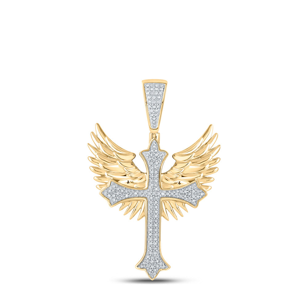 10kt Yellow Gold Mens Round Diamond Wing Cross Charm Pendant 3/8 Cttw