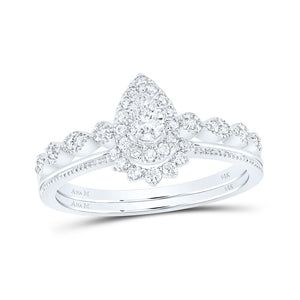 14kt White Gold Pear Diamond Bridal Wedding Ring Band Set 3/8 Cttw