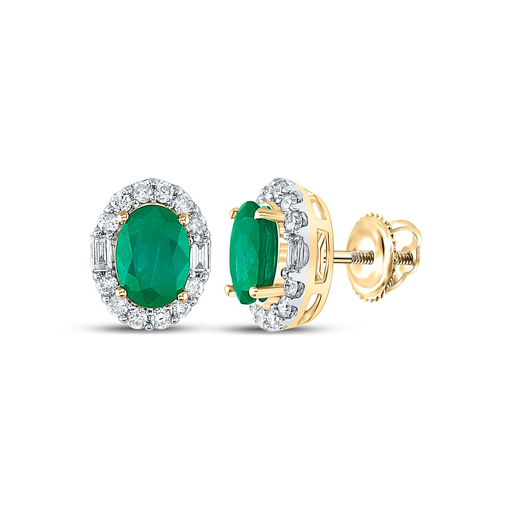 14kt Yellow Gold Womens Oval Emerald Diamond Fashion Earrings 1-7/8 Cttw