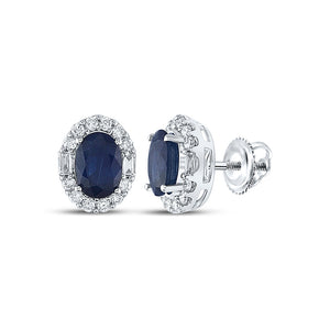 14kt White Gold Womens Oval Blue Sapphire Diamond Fashion Earrings 2-1/3 Cttw