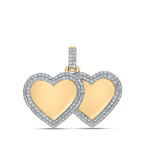 10kt Yellow Gold Mens Round Diamond Memory Double Heart Charm Pendant 1-3/4 Cttw