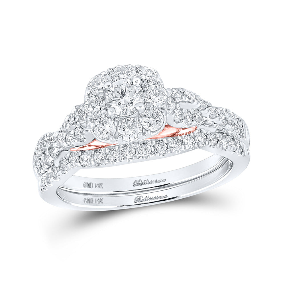 14kt Two-tone Gold Round Diamond Halo Bridal Wedding Ring Band Set 1 Cttw