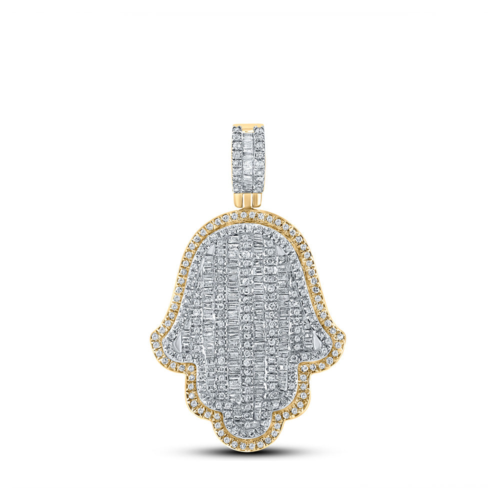 10kt Yellow Gold Mens Baguette Diamond Hamsa Charm Pendant 1-1/3 Cttw