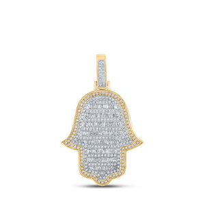 10kt Yellow Gold Mens Baguette Diamond Hamsa Charm Pendant 1-5/8 Cttw