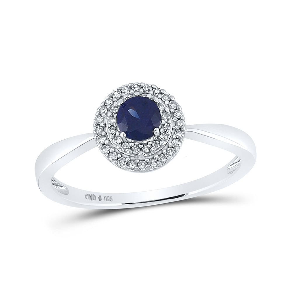 Sterling Silver Womens Round Lab-Created Blue Sapphire Diamond Solitaire Ring 1/3 Cttw