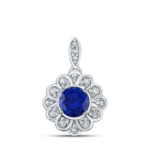 10kt White Gold Womens Round Lab-Created Blue Sapphire Fashion Pendant 3/4 Cttw