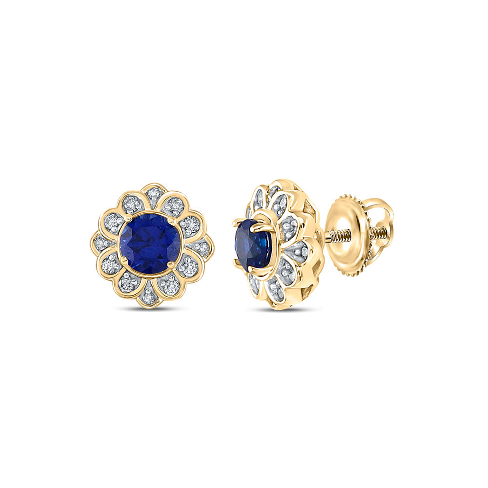 10kt Yellow Gold Womens Round Lab-Created Blue Sapphire Cluster Earrings 3/4 Cttw