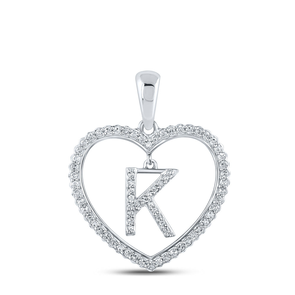 10kt White Gold Womens Round Diamond Heart K Letter Pendant 1/4 Cttw