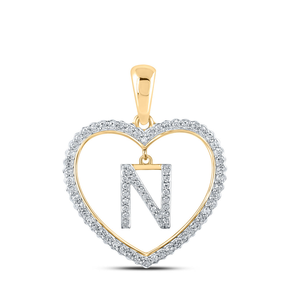 10kt Yellow Gold Womens Round Diamond Heart N Letter Pendant 1/4 Cttw