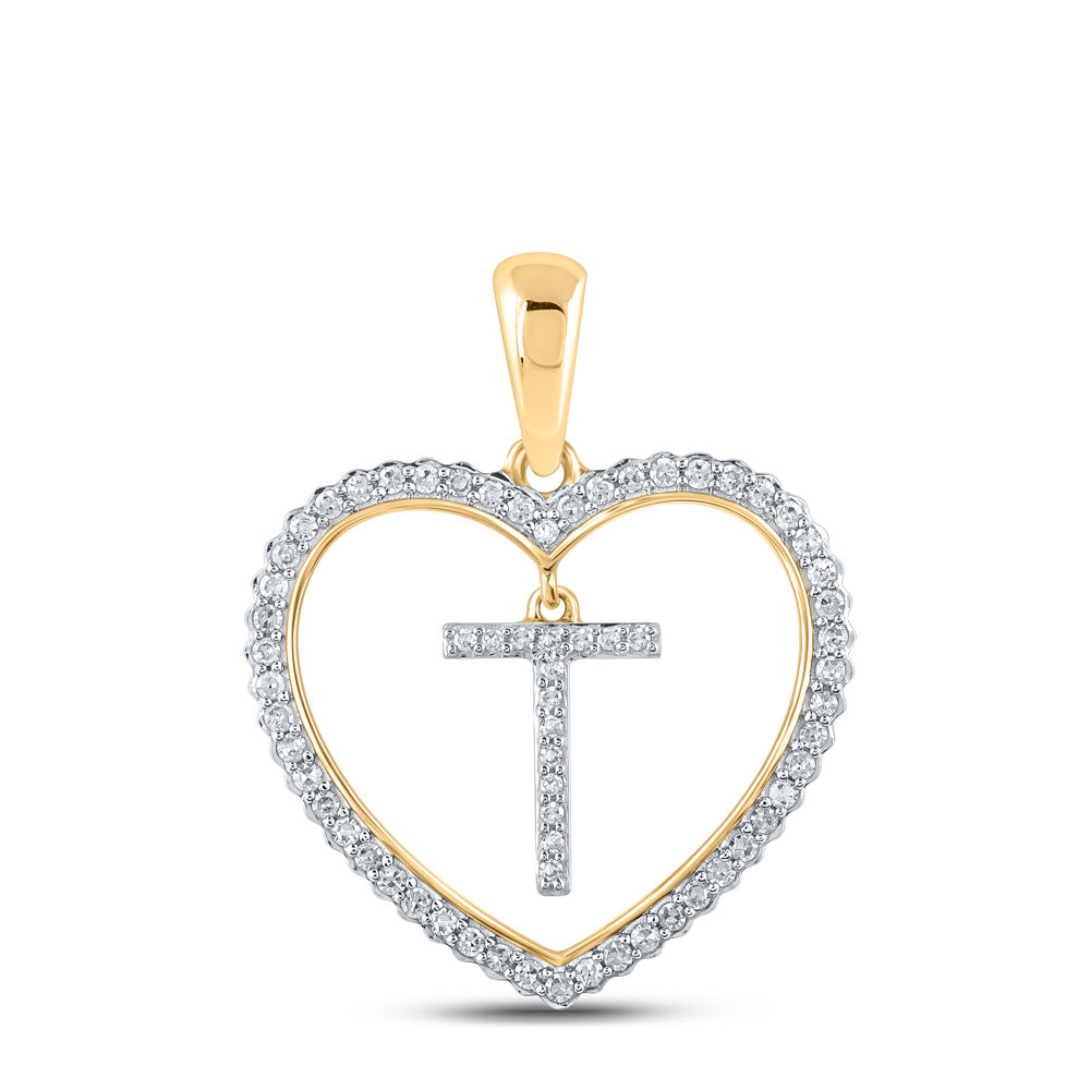 10kt Yellow Gold Womens Round Diamond Heart T Letter Pendant 1/4 Cttw