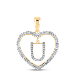 10kt Yellow Gold Womens Round Diamond Heart U Letter Pendant 1/4 Cttw