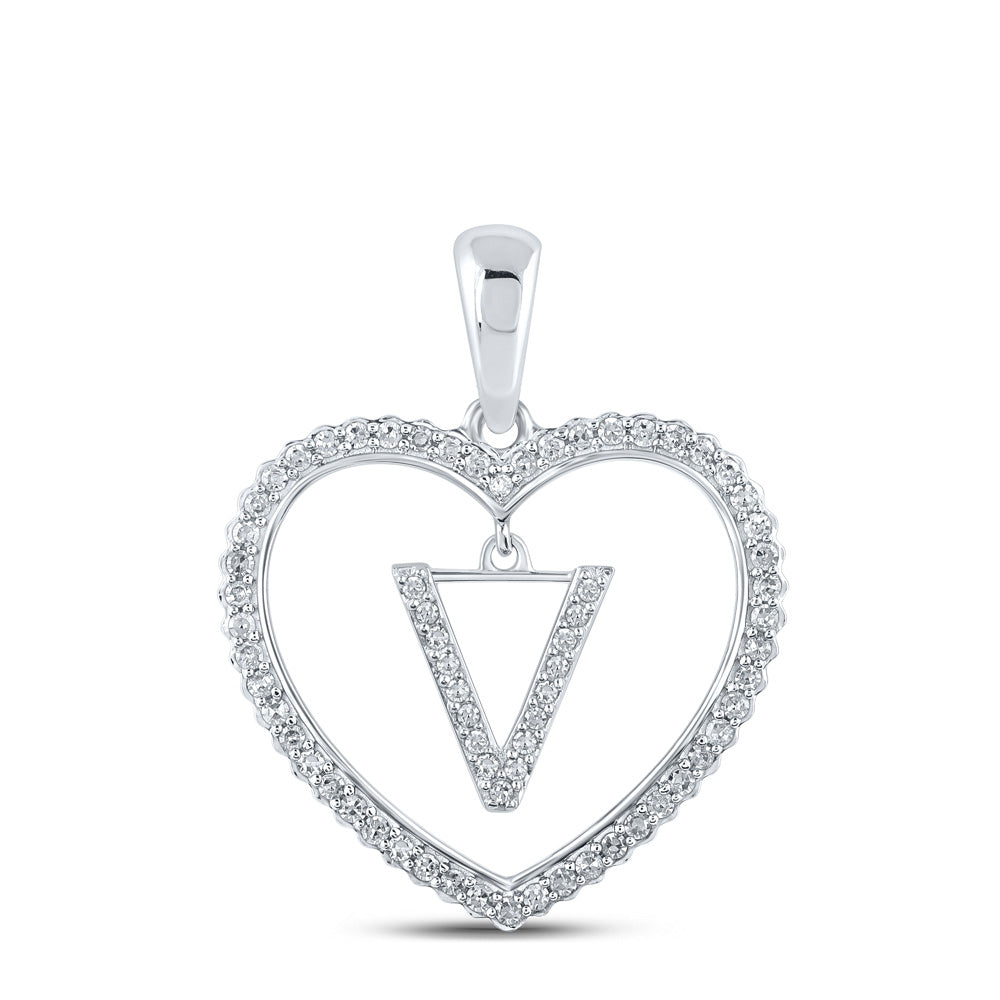 10kt White Gold Womens Round Diamond Heart V Letter Pendant 1/4 Cttw