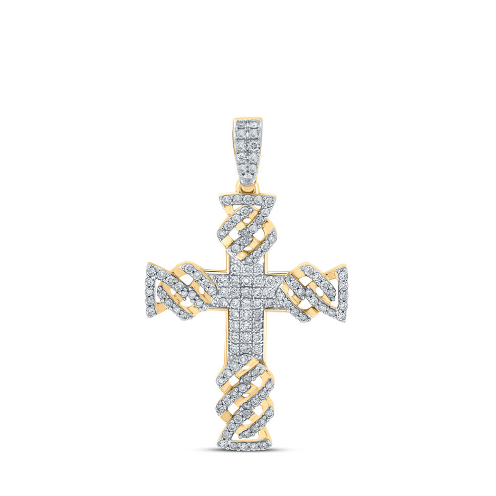 10kt Yellow Gold Mens Round Diamond Cross Charm Pendant 1-3/8 Cttw