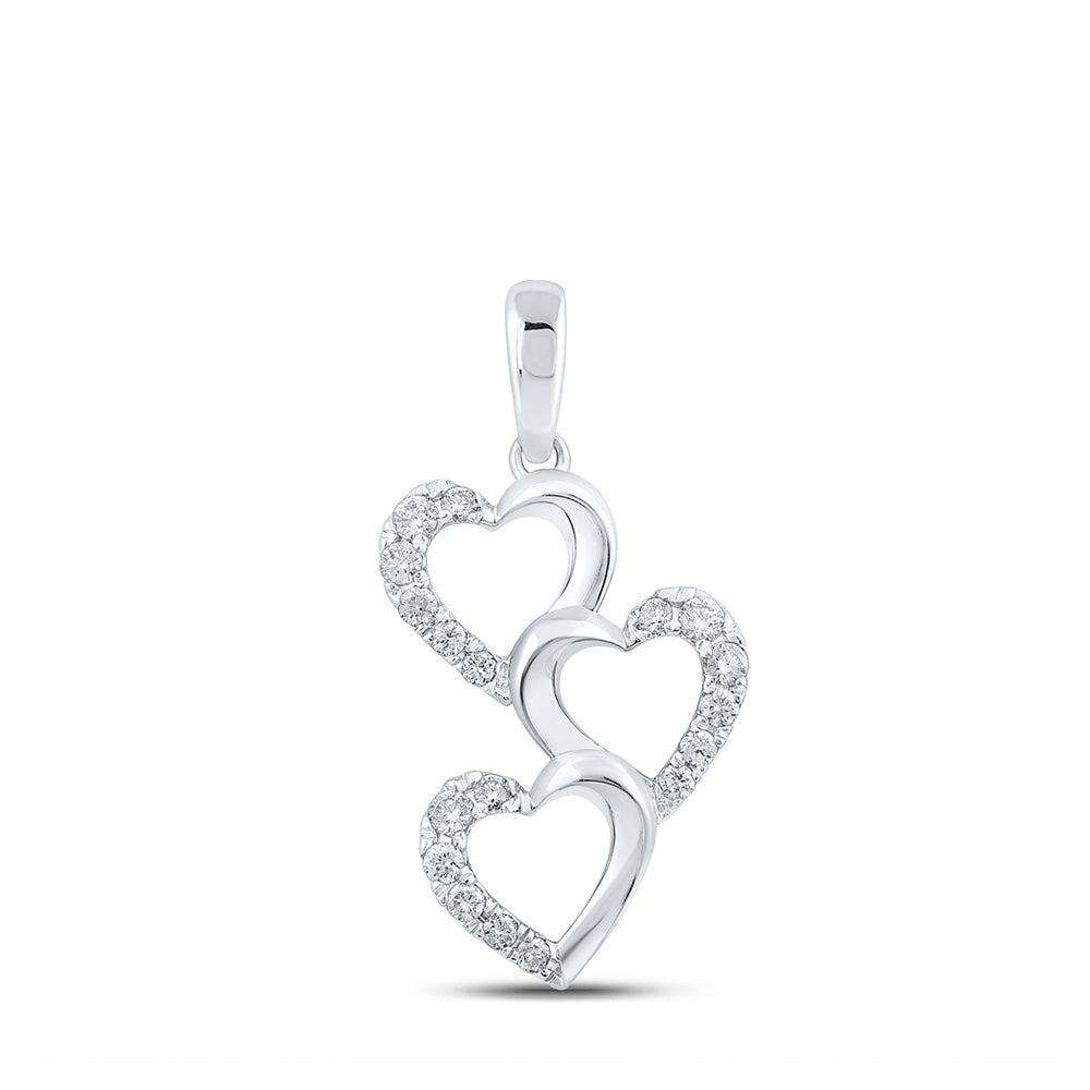 10kt White Gold Womens Round Diamond Triple Heart Pendant 1/4 Cttw