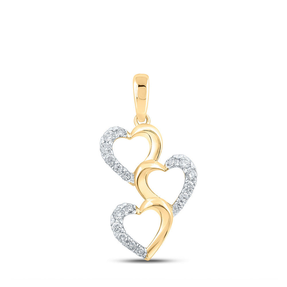 10kt Yellow Gold Womens Round Diamond Triple Heart Pendant 1/4 Cttw