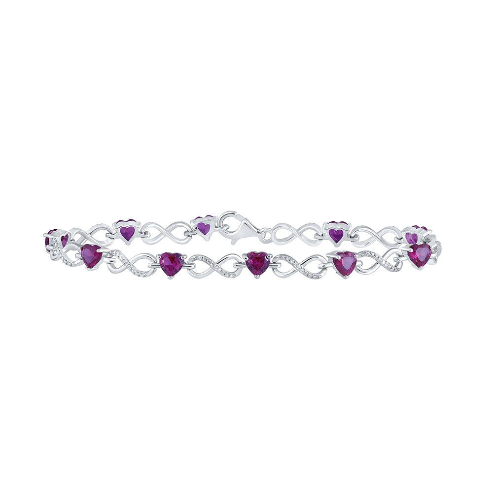 Sterling Silver Womens Heart Lab-Created Ruby Diamond Infinity Bracelet 7 Cttw