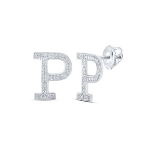 10kt White Gold Womens Round Diamond P Initial Letter Earrings 1/8 Cttw