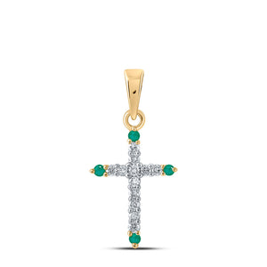 10kt Yellow Gold Womens Round Emerald Diamond Cross Pendant 1/6 Cttw