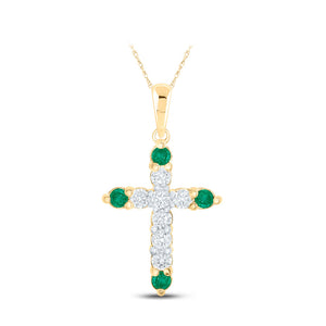 10kt Yellow Gold Womens Round Emerald Diamond Cross Pendant 1/5 Cttw