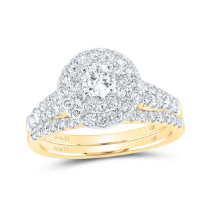 14kt Yellow Gold Round Diamond Halo Bridal Wedding Ring Band Set 1-1/2 Cttw