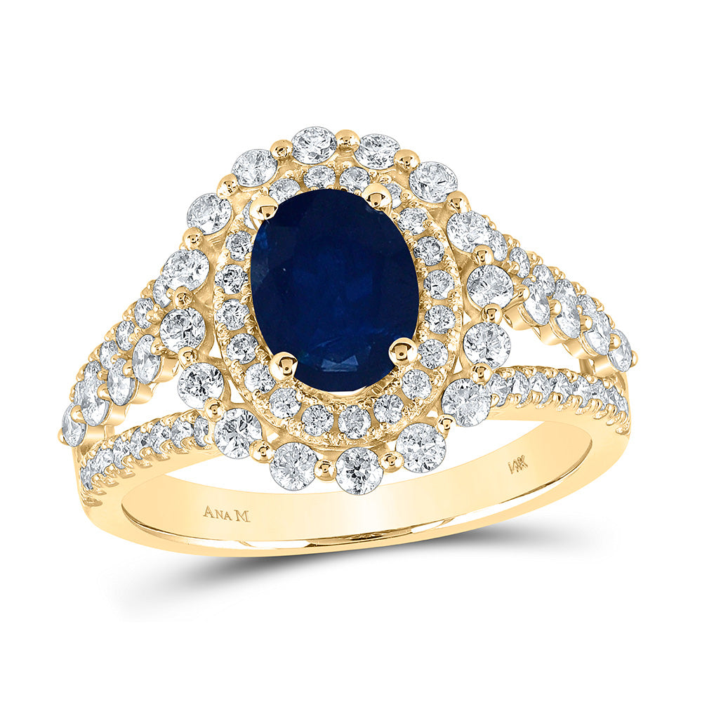 14kt Yellow Gold Womens Oval Blue Sapphire Diamond Solitaire Fashion Ring 2-1/4 Cttw