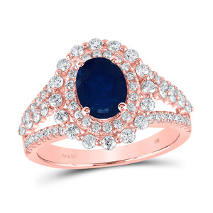 14kt Rose Gold Womens Oval Blue Sapphire Diamond Fashion Ring 2-1/4 Cttw