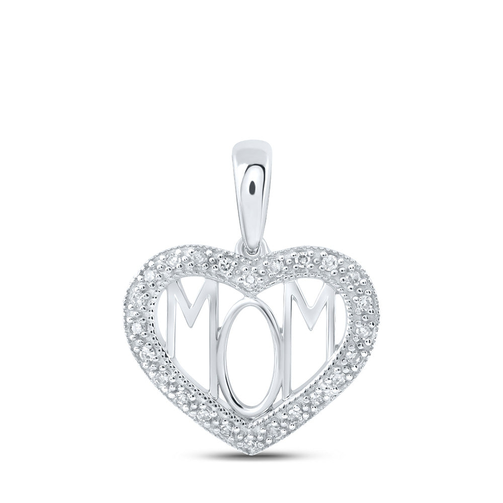 10kt White Gold Womens Round Diamond Mom Heart Pendant 1/8 Cttw