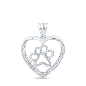 10kt White Gold Womens Round Diamond Paw Heart Pendant 1/3 Cttw