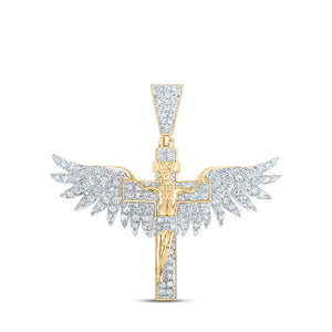 10kt Yellow Gold Mens Round Diamond Jesus Wings Cross Charm Pendant 1 Cttw