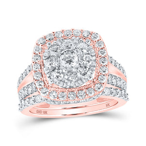 10kt Rose Gold Round Diamond Cluster Bridal Wedding Ring Band Set 1-7/8 Cttw