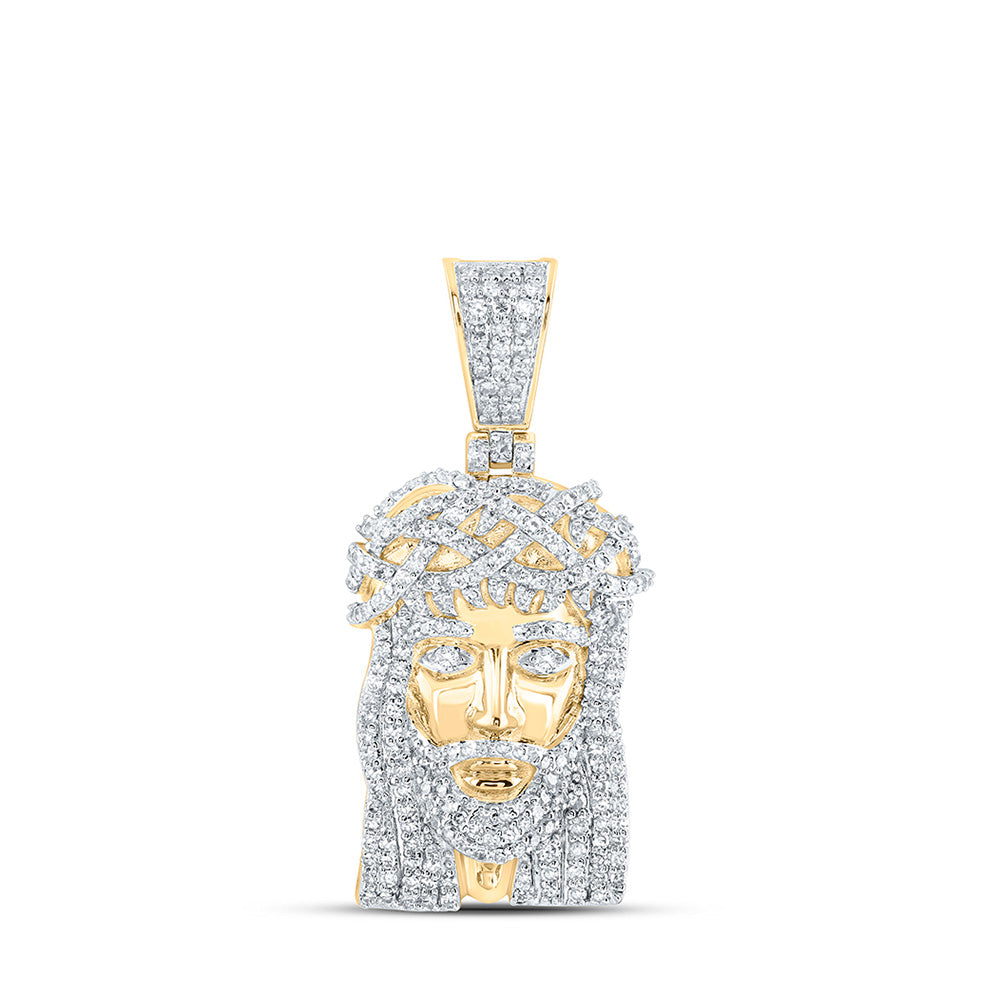 10kt Yellow Gold Mens Round Diamond Jesus Face Charm Pendant 1 Cttw