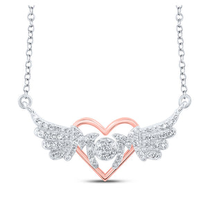 Sterling Silver Womens Round Diamond 18-inch Heart Wing Mom Necklace 1/5 Cttw