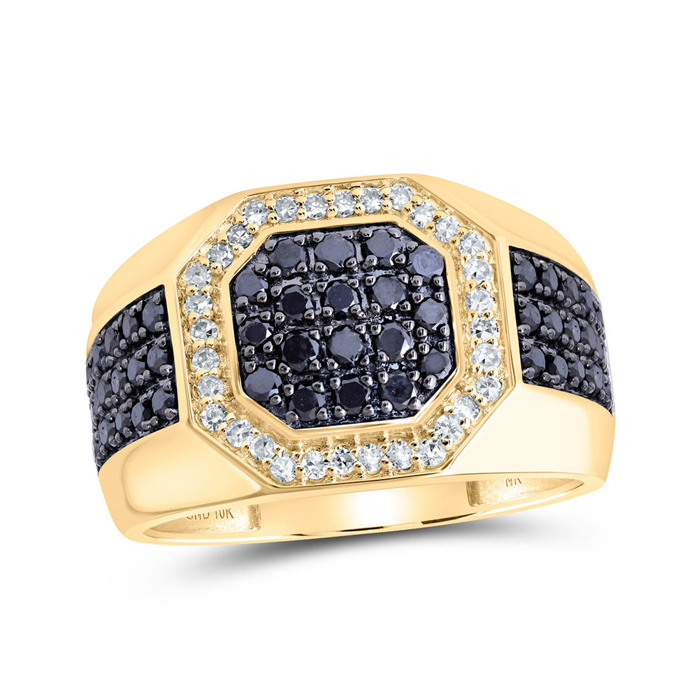 10kt Yellow Gold Mens Round Black Color Enhanced Diamond Octagon Ring 1-1/3 Cttw