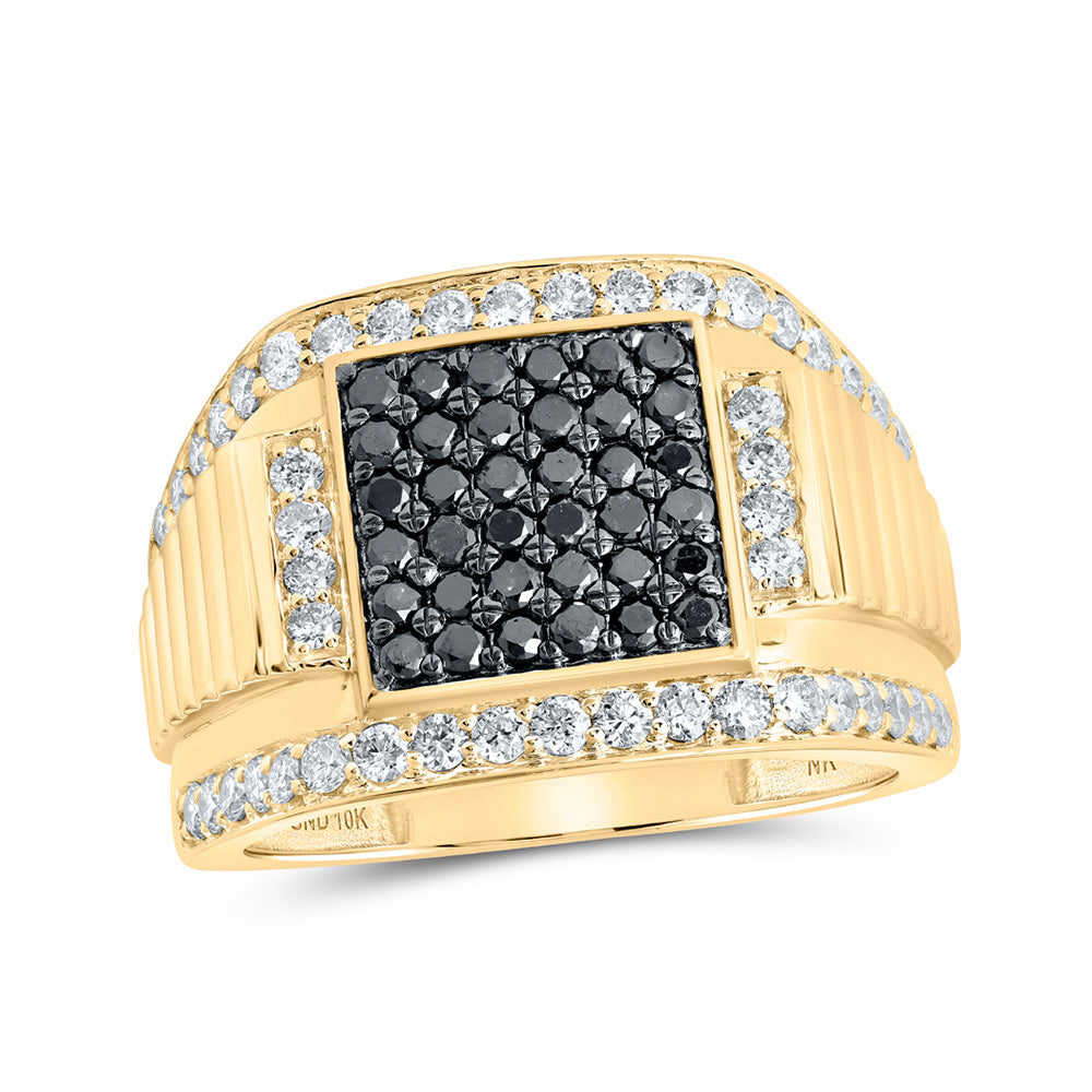 10kt Yellow Gold Mens Round Black Color Enhanced Diamond Square Ring 1-5/8 Cttw