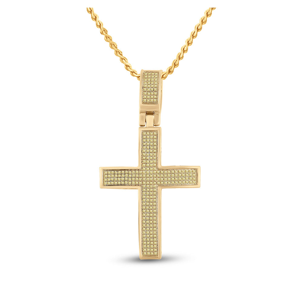 10kt Yellow Gold Mens Round Yellow Color Enhanced Diamond Cross Charm Pendant 1/2 Cttw