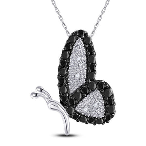 10kt White Gold Womens Round Black Color Enhanced Diamond Butterfly Bug Pendant 1/4 Cttw